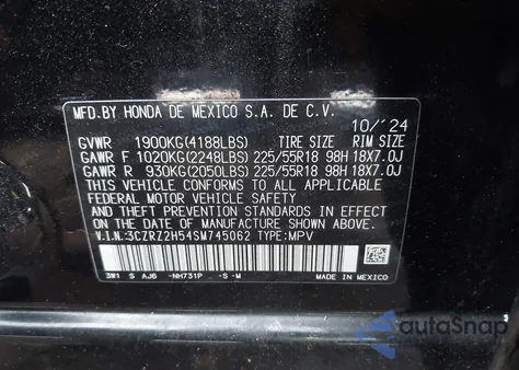 2025 Honda Hr-V Awd Sport z USA, uszkodzony, nr VIN 3CZRZ2H54SM745062